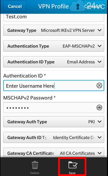 Click Save. Select the recently created 24vc connection. You should now be connected to the VPN. 